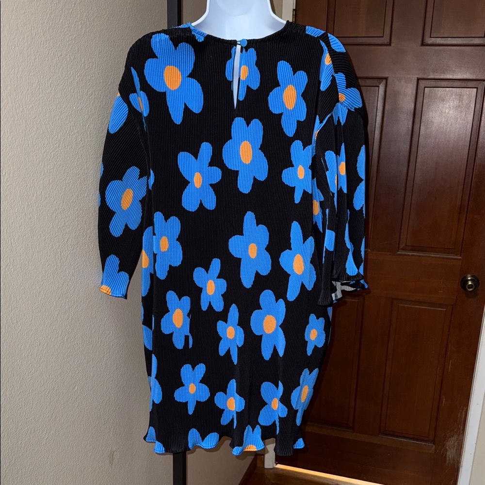 Arthur Apparel Crimped Oversized Top Dress Black Blue Orange Floral Design Sz 10 - Picture 4 of 5